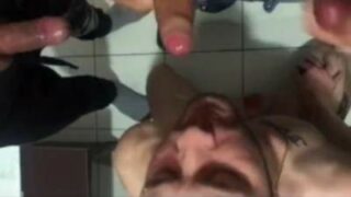 Three men cumming in the mouth of a slut