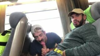 Public gay fun of two horny men in a bus
